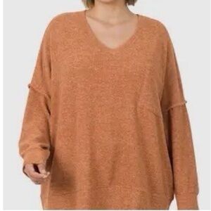 NEW Zenana Outfitters V-Neck Brushed Melanged Oversized Soft Sweater, Size 2X